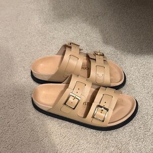 Birkenstock Double Buckle Sandal in Nude Tan - Black Bottom